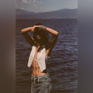 Zara PLUMETI TIE CROP TOP OYSTER-WHITE - REF. 7200/27 Size S